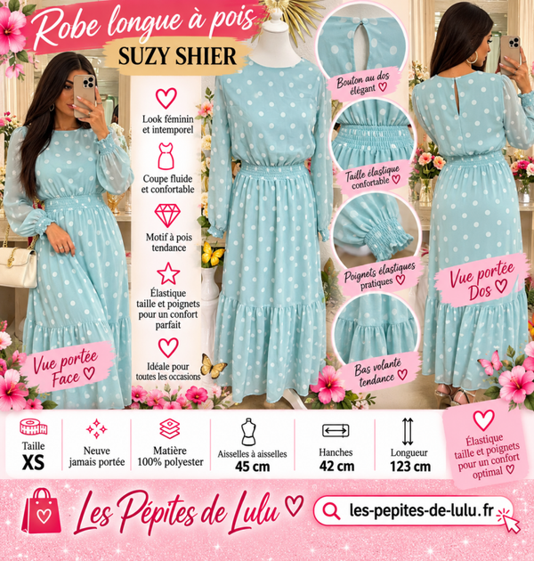 🩵 Robe longue bleu ciel à pois blancs Suzy Shier – Taille XS – Neuve jamais portée – Taille élastique
