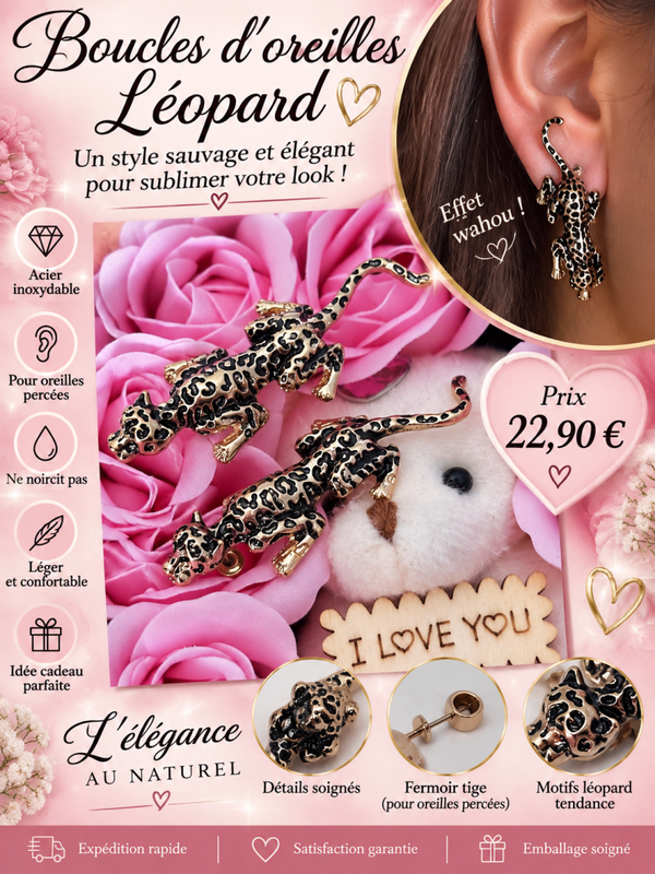 🐆 boucles d’oreilles léopard acier inoxydable