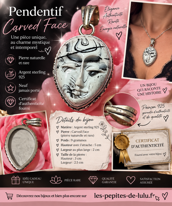 💎 Pendentif Carved Face – Pierre naturelle rare – Argent Sterling 925 💎