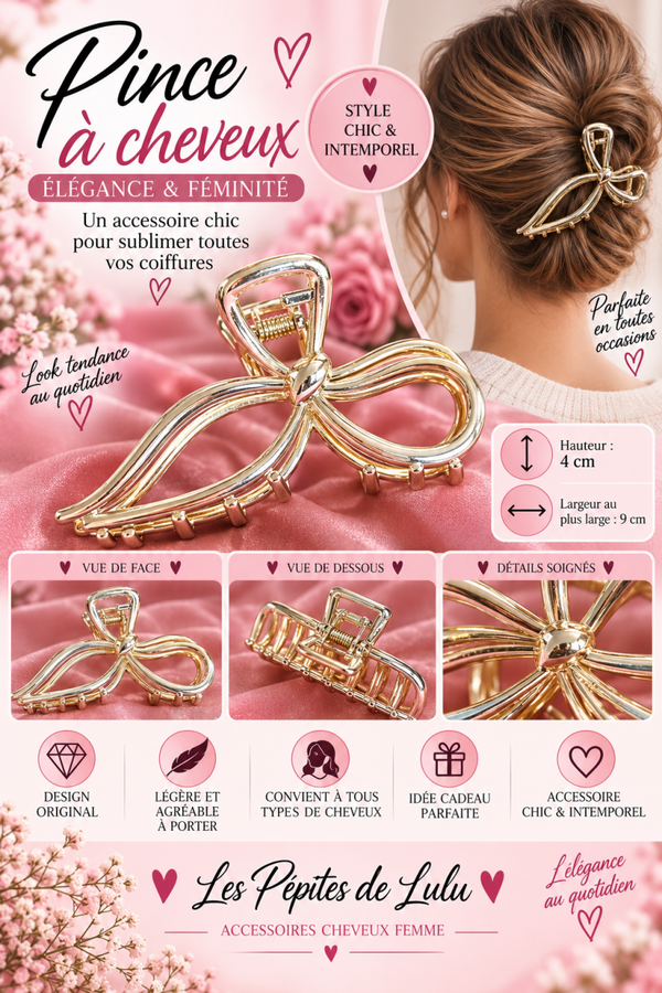 🎀 Pince à cheveux dorée forme nœud – Élégante & tendance