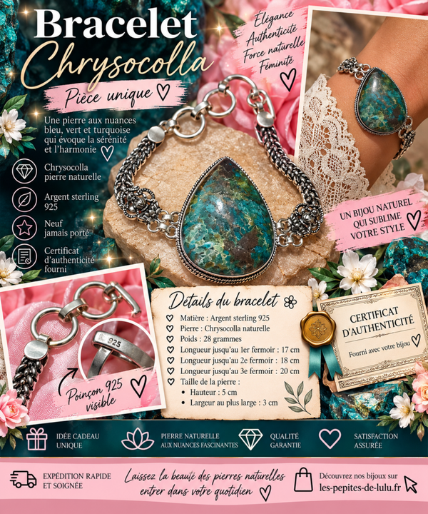 💎 Bracelet en argent sterling 925 & Chrysocolla naturelle – Pièce unique