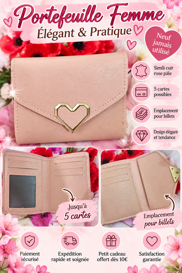 👛 Portefeuille Femme Rose Pâle en Simili Cuir – Neuf
