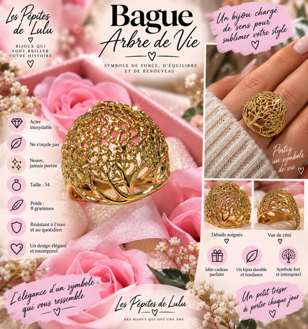 Bague Arbre de Vie dorée – Acier inoxydable – Taille 54 – Neuve 🌳✨