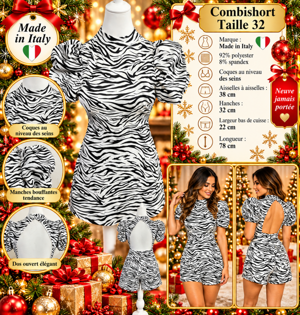 🖤 Combishort femme zébrée Made in Italy taille 32 – Dos nu, manches bouffantes – Neuve
