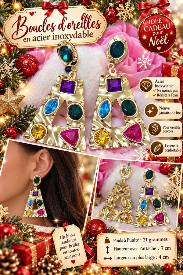 ✨ Boucles d’oreilles pendantes multicolores en acier inoxydable doré – Neuves 💎