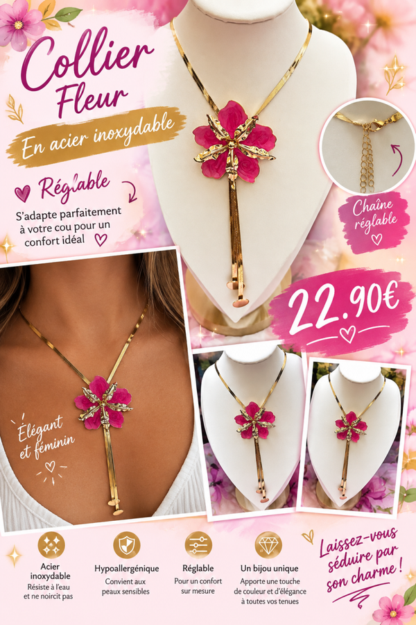 Collier cravate, maille serpent avec fleur rose fuchsia acier inoxydable réglable