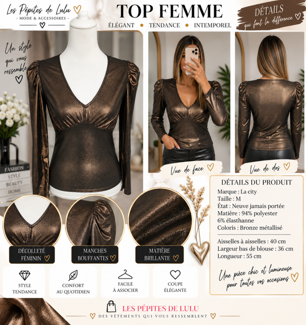 ✨ Top femme La City – Taille M – Bronze métallisé ✨