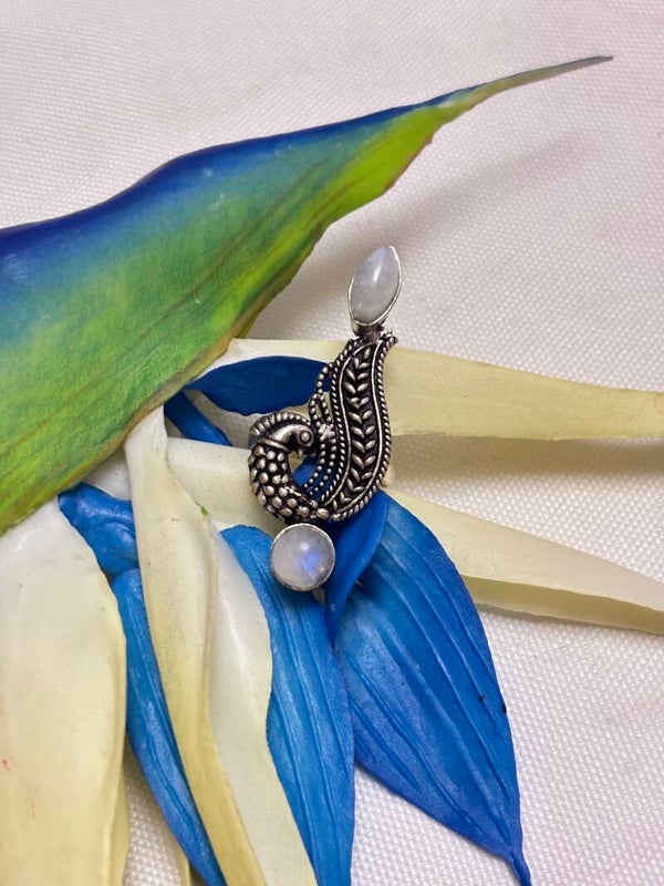 Bague artisanale paon en argent sterling 925 et pierre de Lune poinçonnée