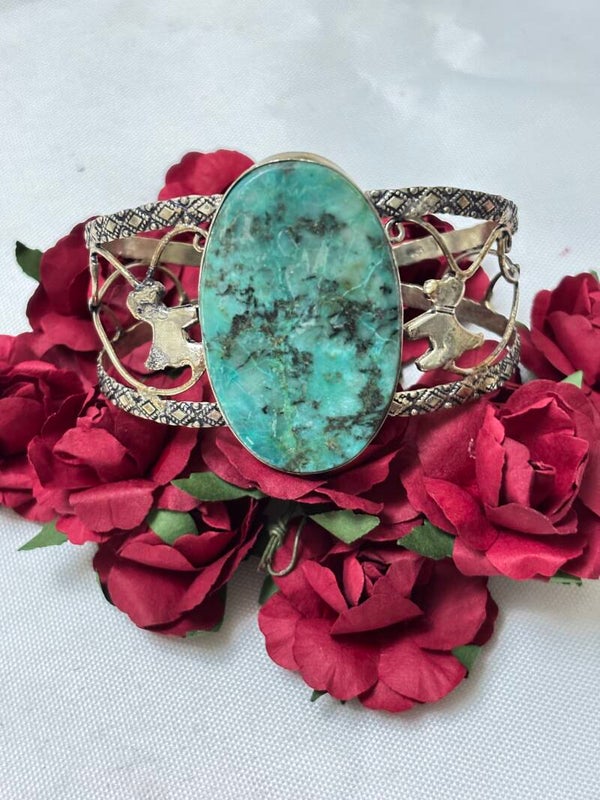 Bracelet manchette ajustable en argent sterling 925 et chrysocolla naturelle