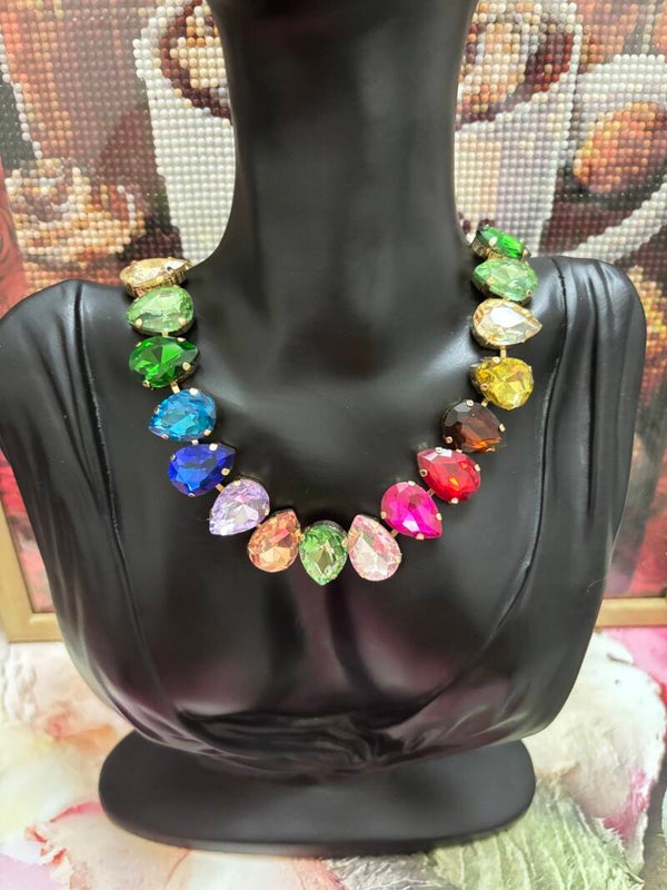 Magnifique collier ras de cou multicolore en acier inoxydable strass gouttes réglable