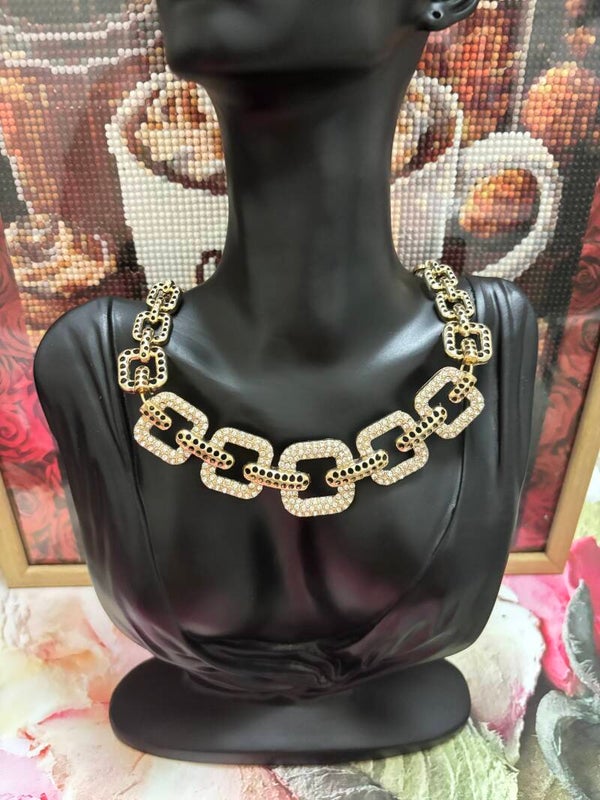 Collier chaîne maillons épais doré et strass en acier inoxydable pour femmes