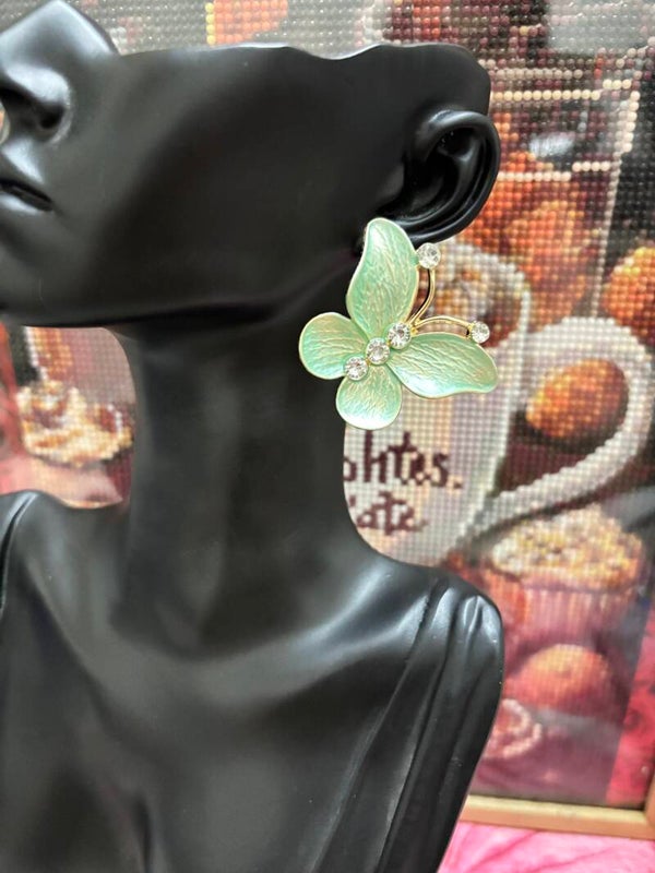 Splendides boucles d’oreilles papillon en émail, menthe et cristaux, élégance printanière en acier inoxydable