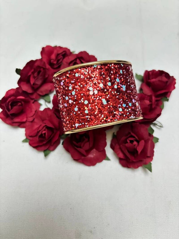 Bracelet manchette doré et rouge pailleté en acier inoxydable