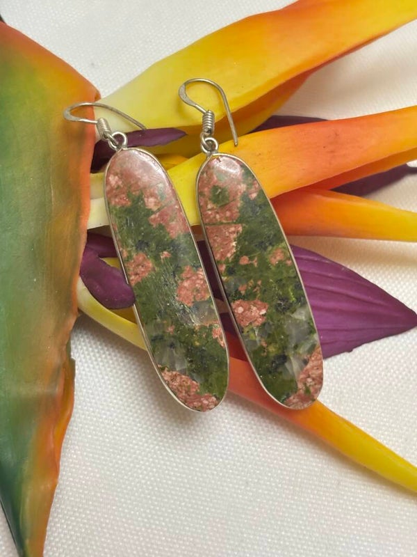 Boucles d’oreilles pendantes en argent sterling 925 et unakite naturelles