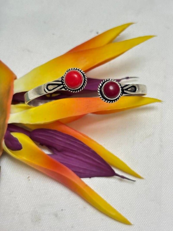 Bracelet jonc ajustable en argent sterling 925 corail rouge et rubis poinçonné