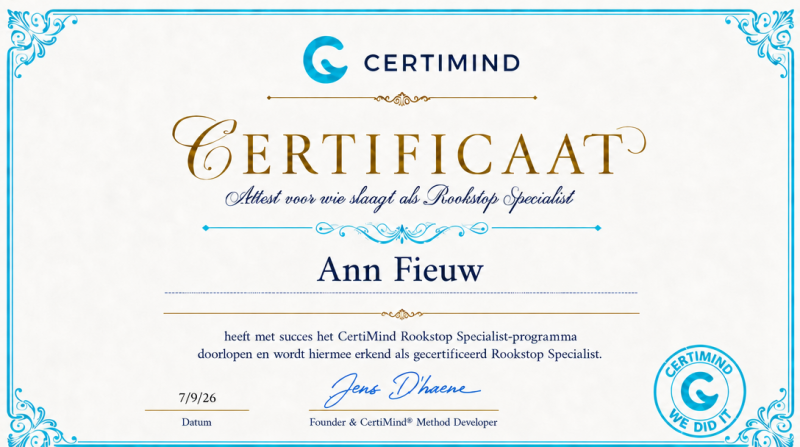 Attest van bekwaamheid rookstopspecialist CertiMind Ann Fieuw