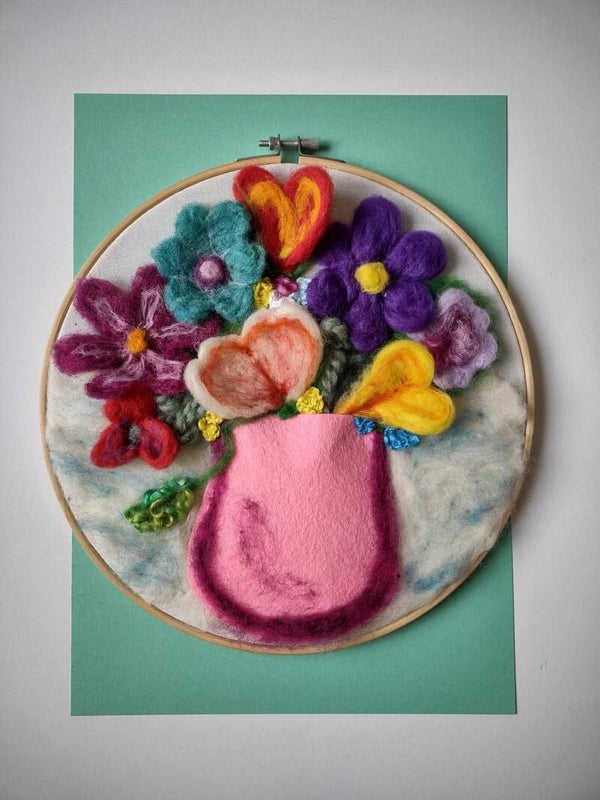 Viltschilderij in borduurring