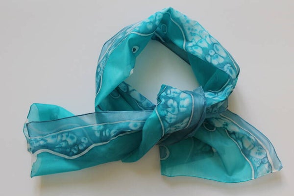 Sjaal zijde - aqua streep/cirkel/zoutbloem