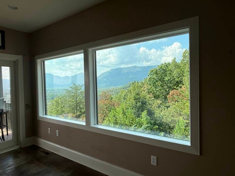 Mountain view through new large picture windows