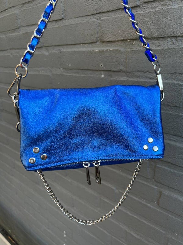 Metallic tas echt leer - kobalt blauw