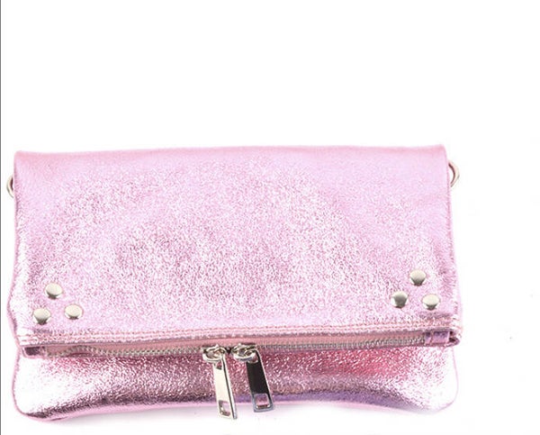 Metallic tas echt leer - licht roze