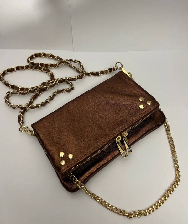 Metallic echt leer tas - bruin