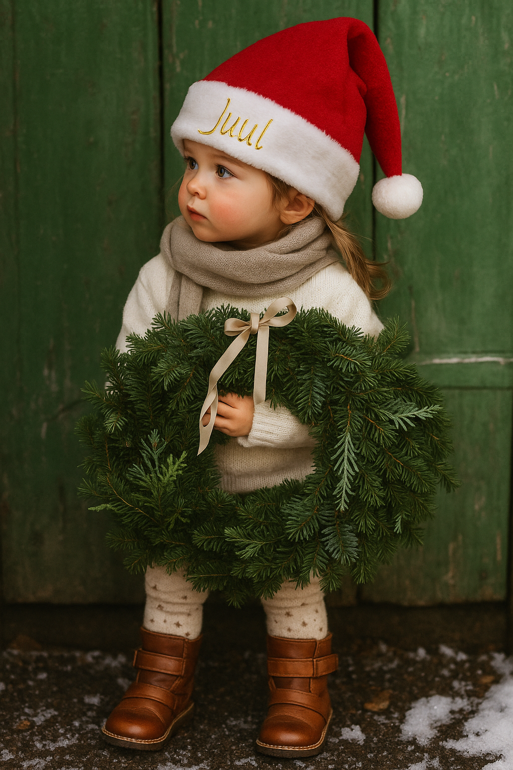 Peuter met gepersonaliseerde rode kerstmuts met naam en groene kerstkrans – Studio Blos Nederland