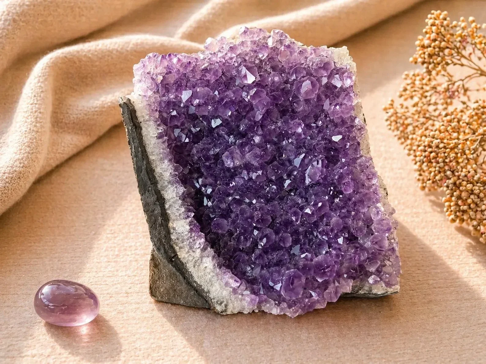 Amethist Standvlak – Uniek Natuurstuk    Brengtrust, balans en een vleugje luxe in je interieur met dit prachtige amethist standvlak. Dit natuurlijke kristal valt direct op door zijn diepe paarse kleur en schitterende kristalstructuur. Elk stuk is uniek g