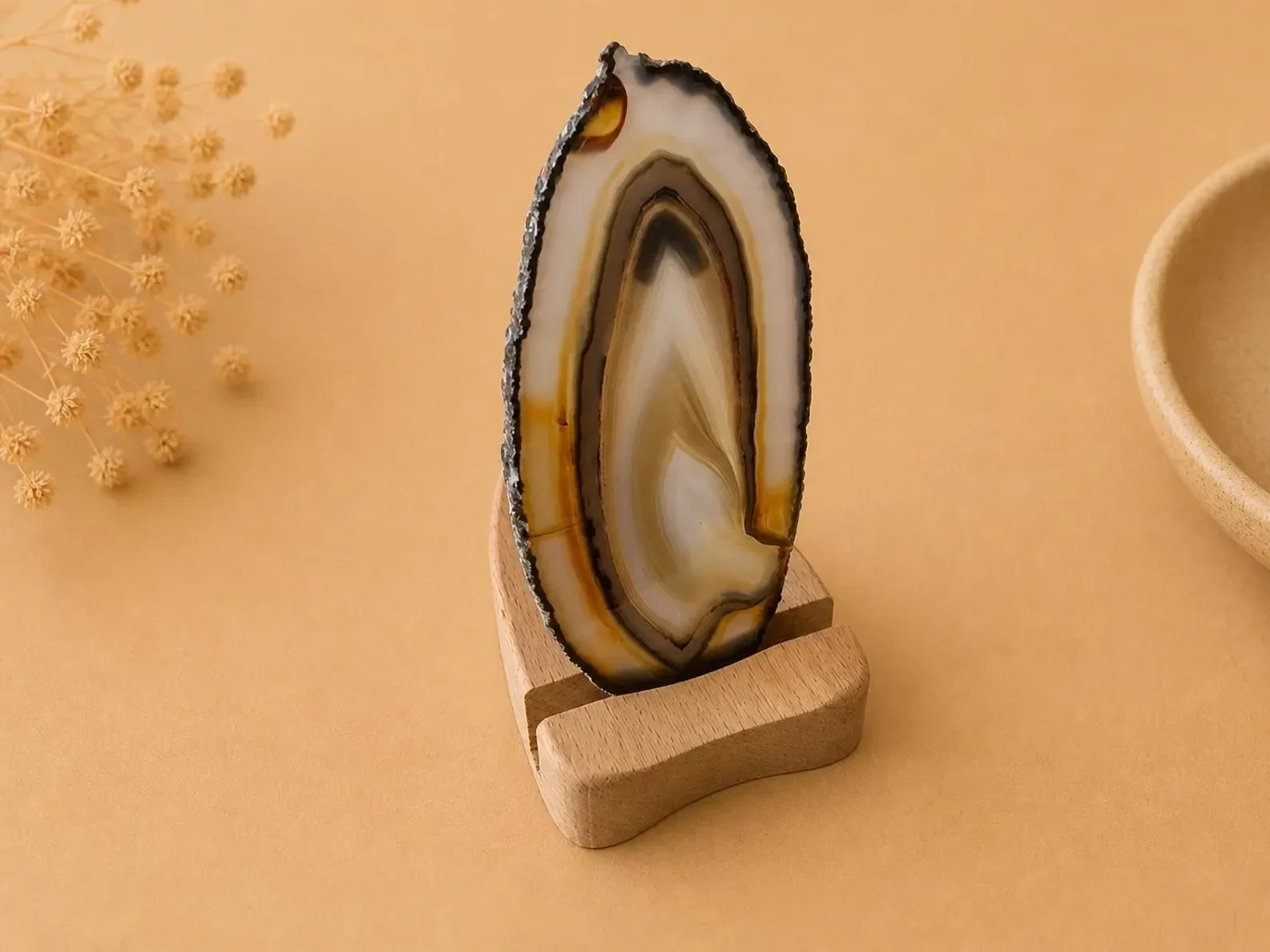 Waxinehouder hout met Agaatschijf