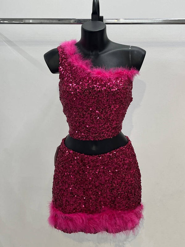 Gonna  paillettes con piume di marabù