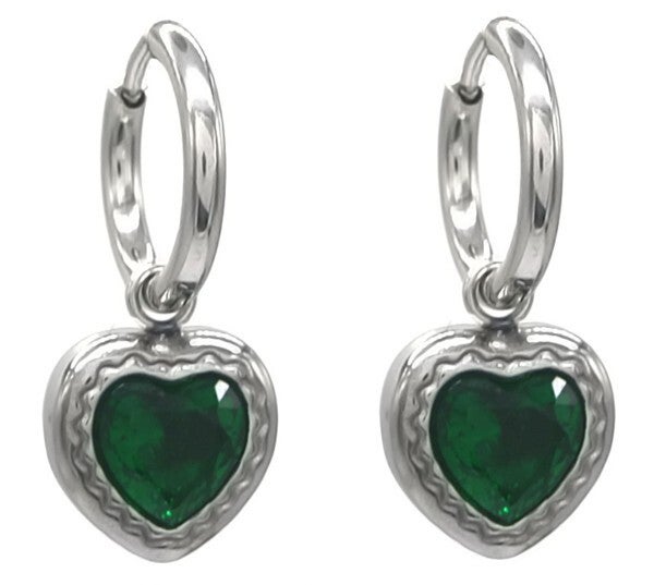S. Steel Earrings Heart Green