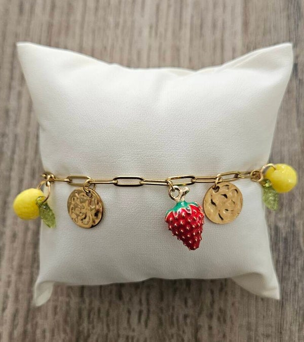 Bracelet fruits d’été doré – Fraise & citron
