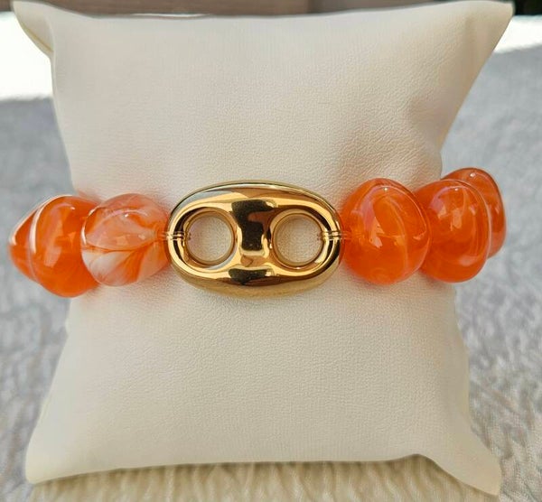 Bracelet grosses perles orange & perle dorée – Maïperles
