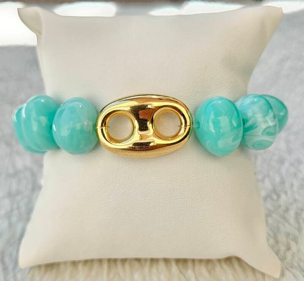 Bracelet grosses perles turquoise & perle dorée – Maïperles