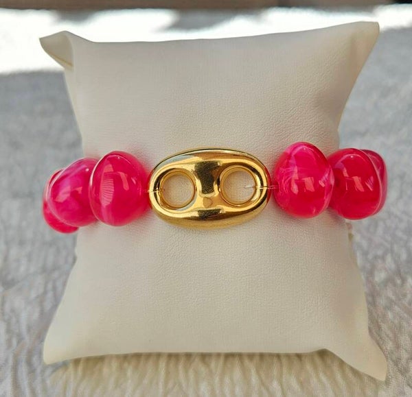 Bracelet grosses perles fuchsia & perle dorée – Maïperles