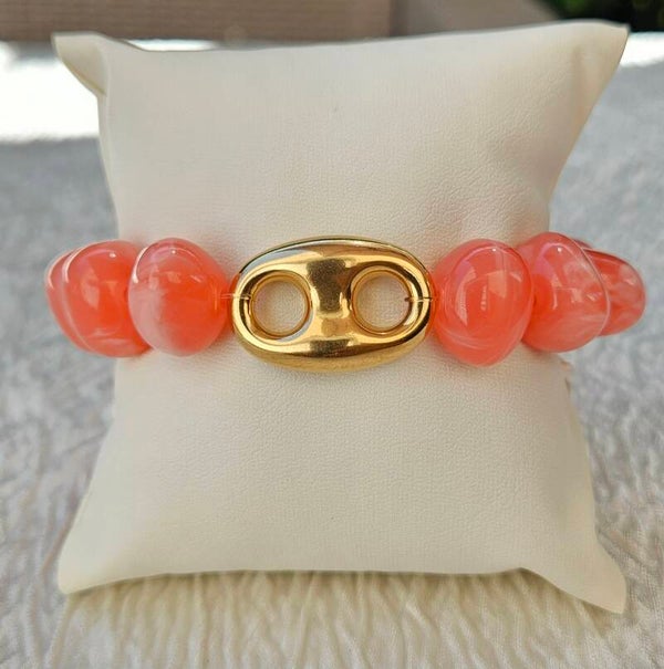 Bracelet grosses perles corail & perle dorée – Maïperles