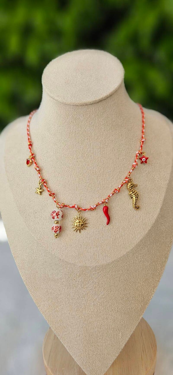 Collier Charms Soleil & Hippocampe Rouge
