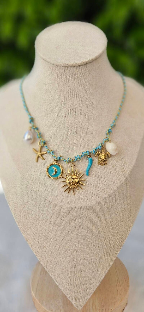 Collier Charms Soleil & Océan Bleu