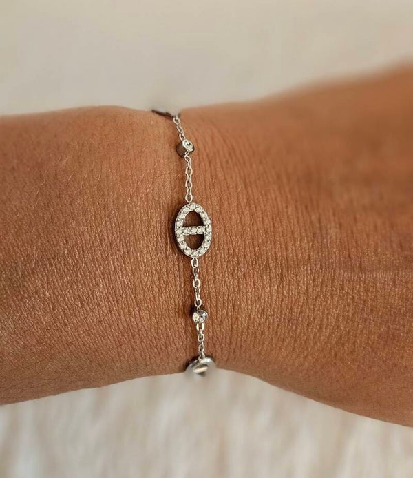 Bracelet Ovale Argenté en Acier Inoxydable – Strass Élégants