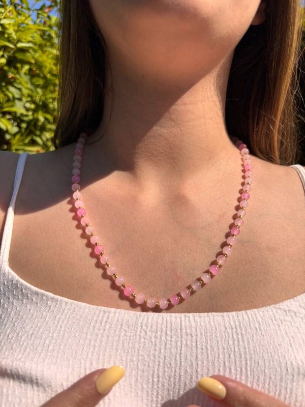 Collier 2 en 1 perles de verre rose – transformable en bracelet