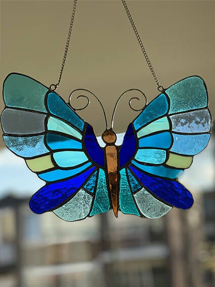 Tiffany glaskunst verkocht: Vlinder blauw