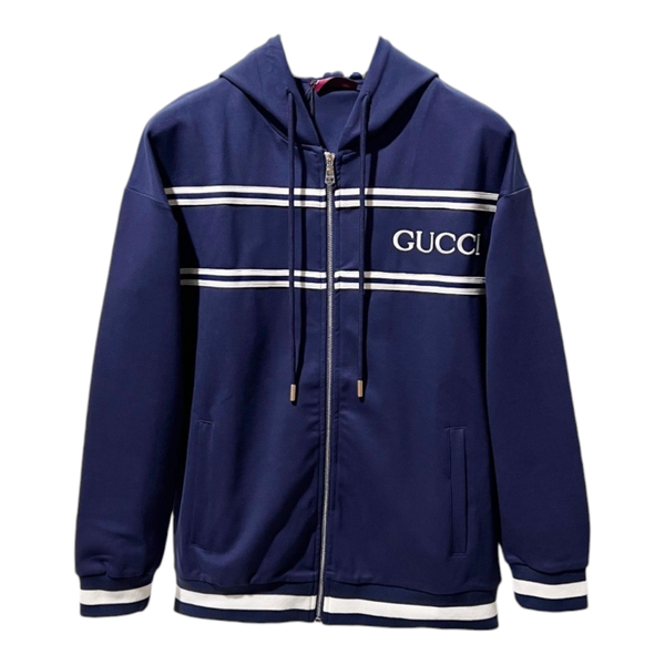 Gucci CP02 Zip-up Hoodie – Navyblauw met Strepen & Logo | Ref. CP9155 | Herfst/Winter 2025 | Maten S–XXL
