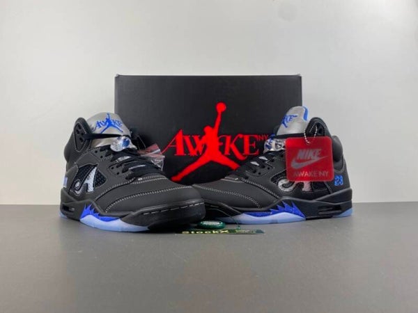 Air Jordan 5 x Awake NY "Racer Blue" – A1-Versie | Zwart/Blauw | Maten US 7.5–14 | Artikel DV4982-004 | Release 30 Aug