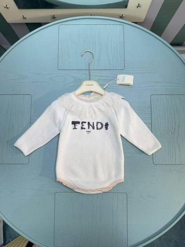 Fendi Baby Gebreide Romper met Kanten Volantkraag en Logo | Wit | Maat 66-90
