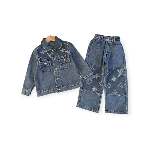 LV Kinder Denim Set – Jasje & Jeans met Monogramprint – Maat 100–150