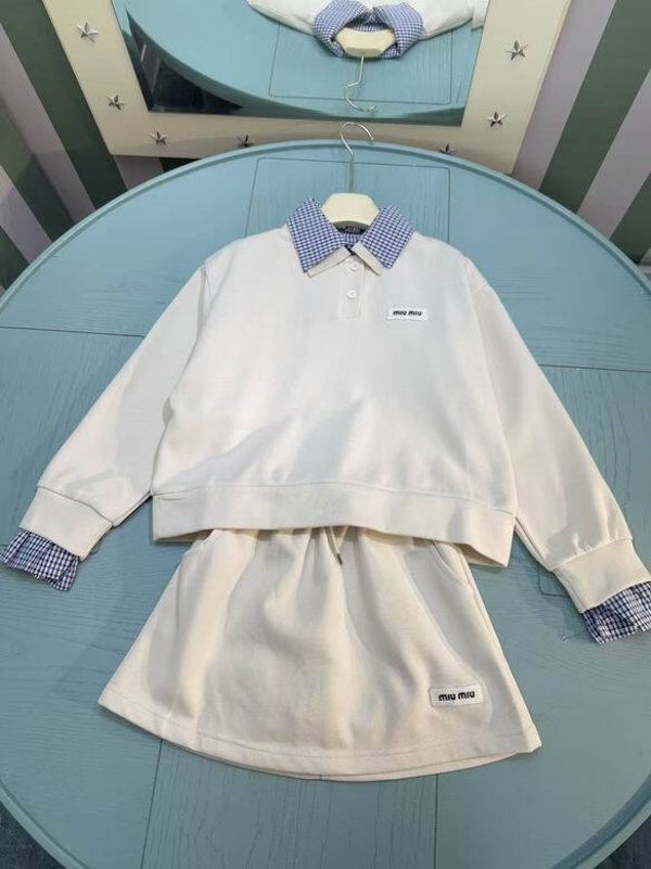 ​Miu Miu Kids Set | Witte Polo Sweater met Geruite Kraag & Rok | Maat 120-170