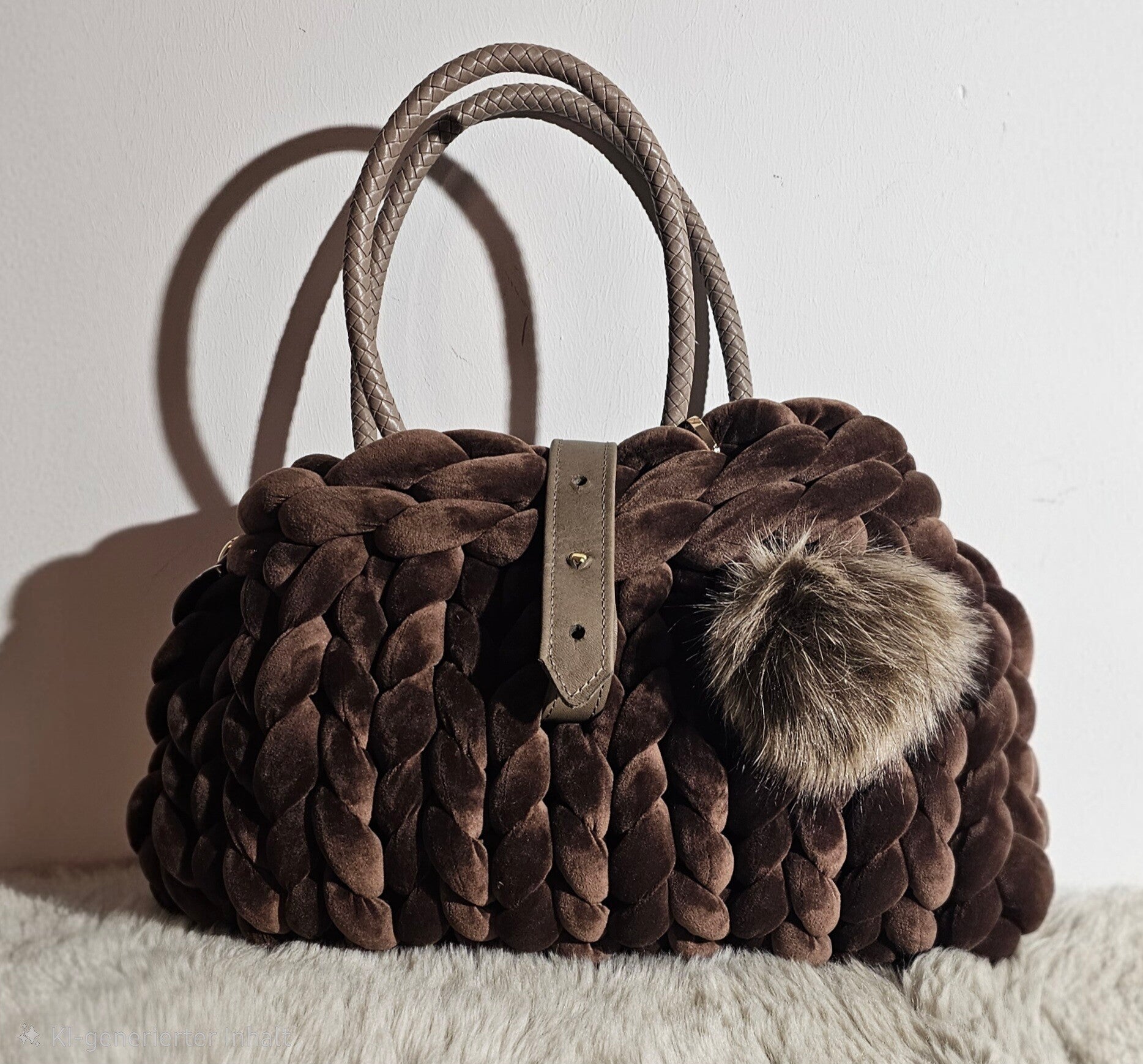 Stricktasche in dunkelbraun mit Lederverschluss