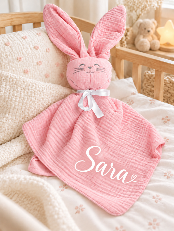 Doudou lapin Rose pour Bébé Personnalisé avec Prénom cadeau naissance