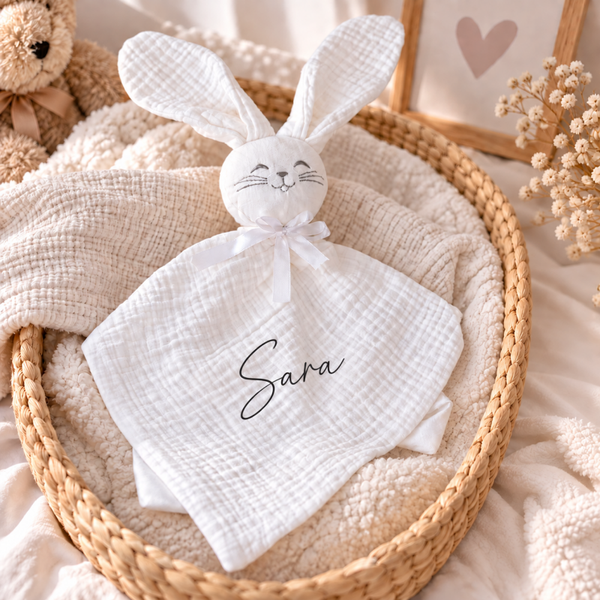 Doudou lapin Blanc pour Bébé Personnalisé avec Prénom cadeau naissance