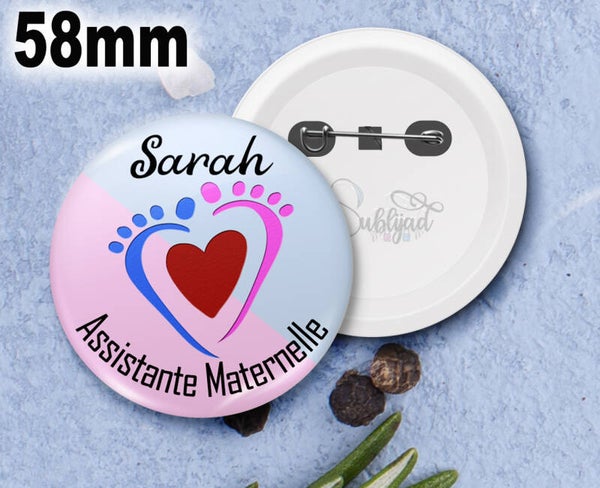 Badge rond Assistante Maternelle personnalisable avec Pénom